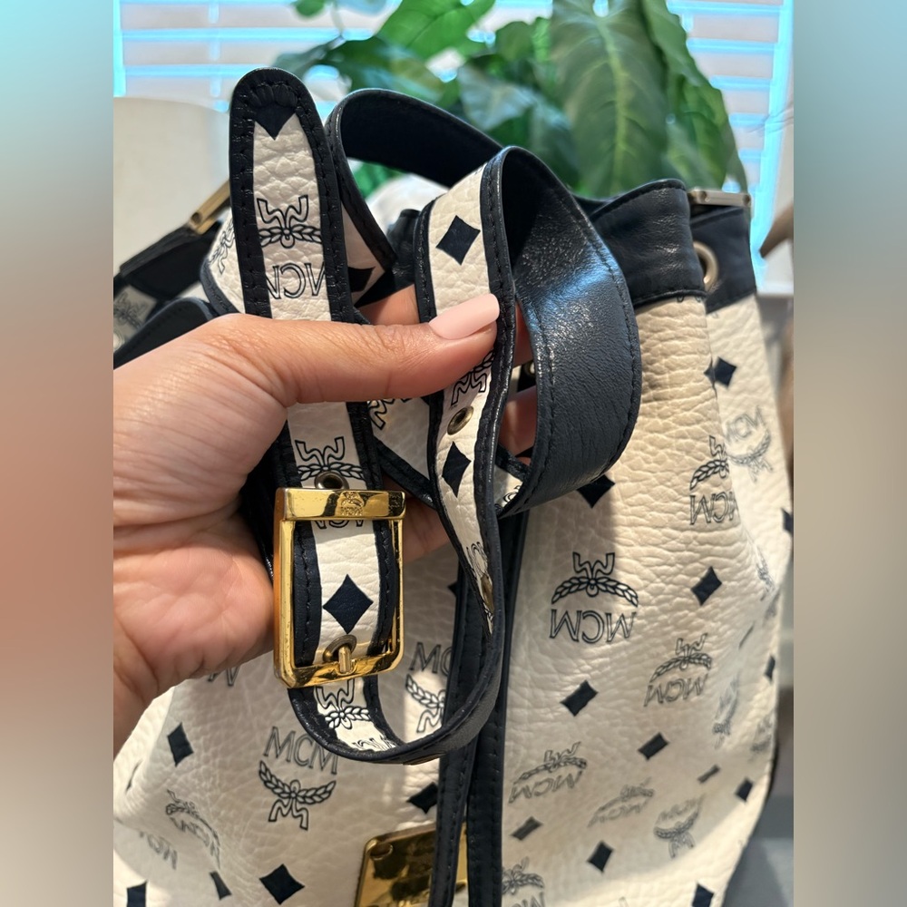 MCM White and Black Visetos Drawstring Crossbody Bucket Bag - Picture 13 of 15